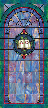 Decorative stained glass church window film cling medallion and scripture design IN3