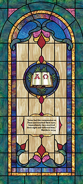 Decorative stained glass church window film medallion and scripture design IN14
