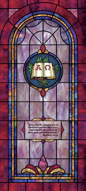 Decorative stained glass church window film medallion and scripture design IN23