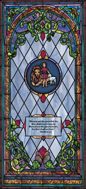 Decorative stained glass church window film medallion and scripture design IN29