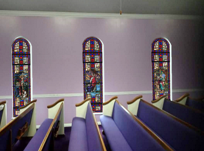 Custom church window film faceted design in church setting