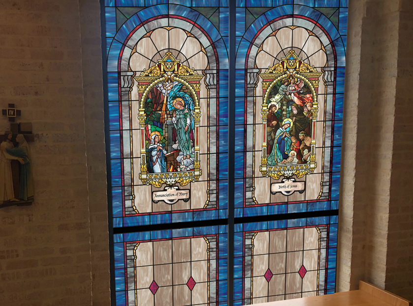 church window sticker in church setting