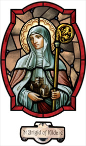 decorative stained glass window film religious medallion design saint Brigid of Kildare