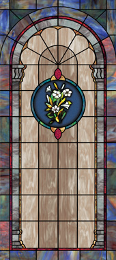 Decorative stained glass church window tint film covering medallion and scripture design IN12