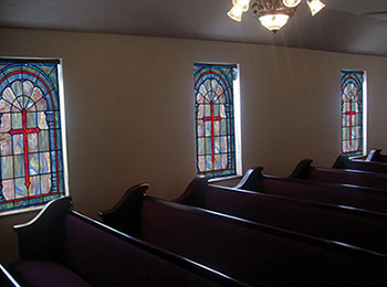 window film proposal Stained glass church window coverings in a church setting