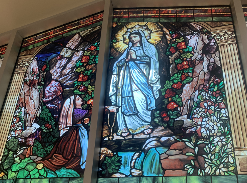 Custom church window film faceted design in church setting