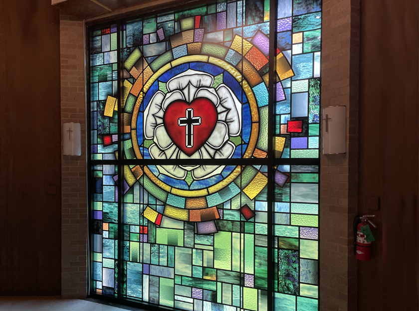 Jesus church window films in church door setting